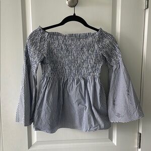 White and Blue Bell Sleeve Blouse with Smocked Texture
